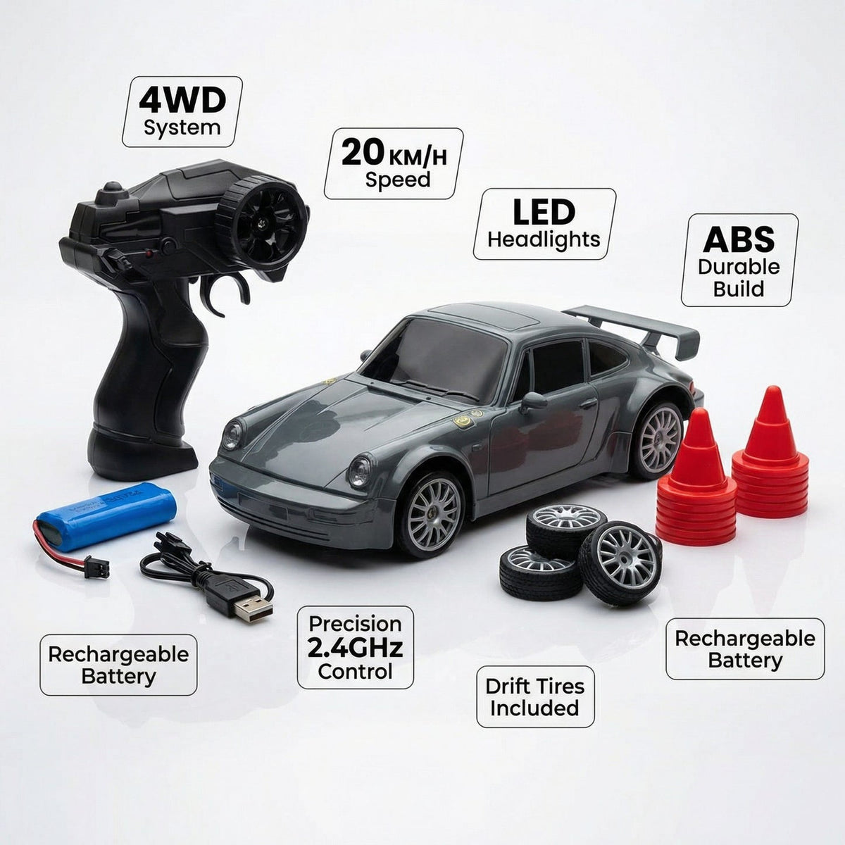 🏎️ RC Drift Car for — 4WD, LED Lights & 20KM/H Speed