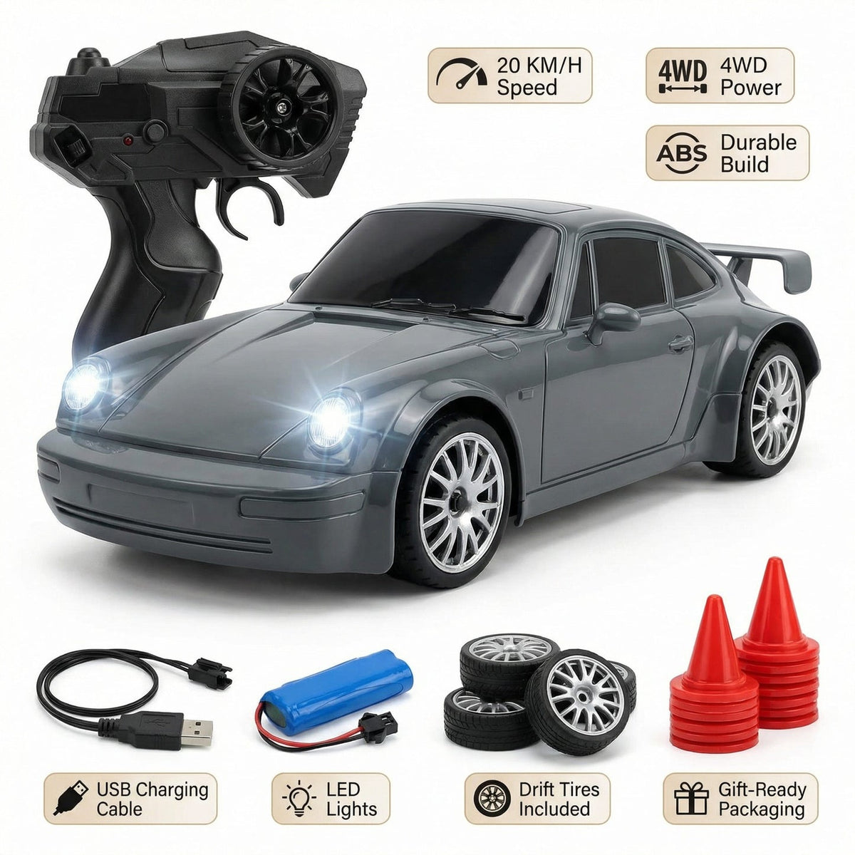 🏎️ RC Drift Car for — 4WD, LED Lights & 20KM/H Speed